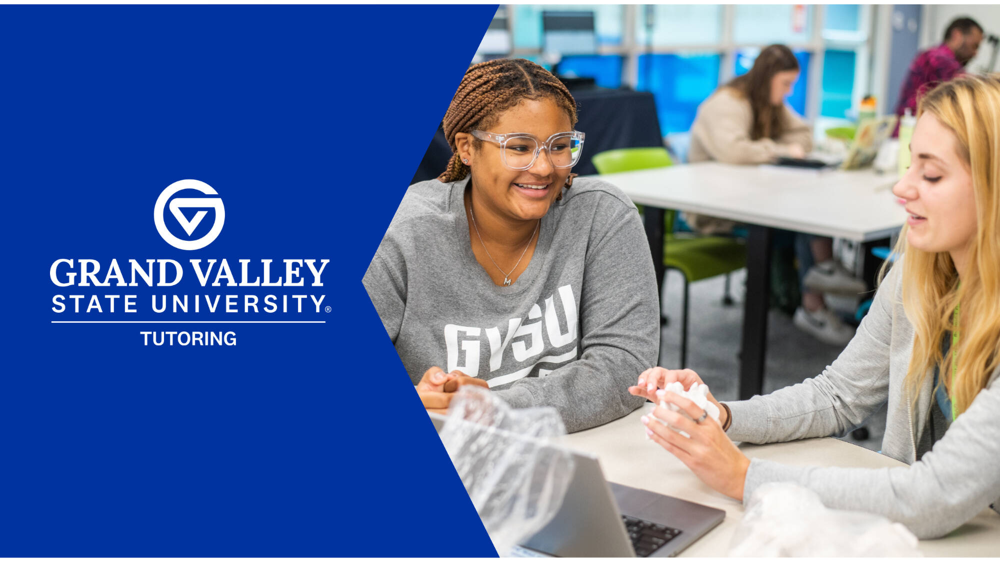Grand Valley State University: Tutoring logo beside an image of tutor working with a student.